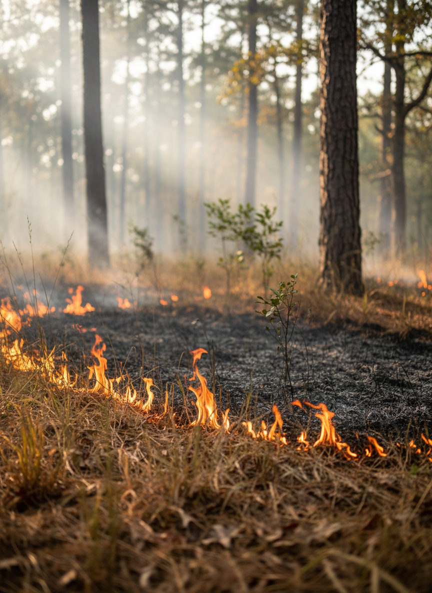 A close, ground-level photographic view of a low-intensity prescribed fire creeping through dry native grass and leaf litter, with individual orange flames licking just a few inches high along the forest floor. Dark, charred stems and blackened soil trail behind the flames, while ahead of them stands a band of unburned, tawny grass and scattered green understory shrubs. The overstory is a mature pine and oak woodland, trunks rising vertically into a soft, smoky haze. Late afternoon sunlight filters diagonally through the trees, catching particles of smoke and creating golden shafts of light. The mood is calm, controlled, and purposeful, with a shallow depth of field keeping the flames crisp and the upper canopy gently blurred, emphasizing safe, professional fire management in realistic detail.