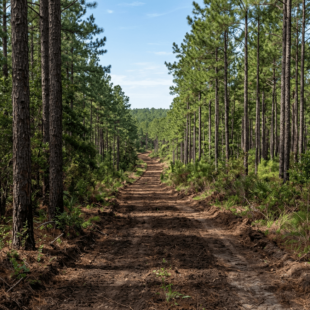 Dirt trail surrounded by tall pine trees in a forest