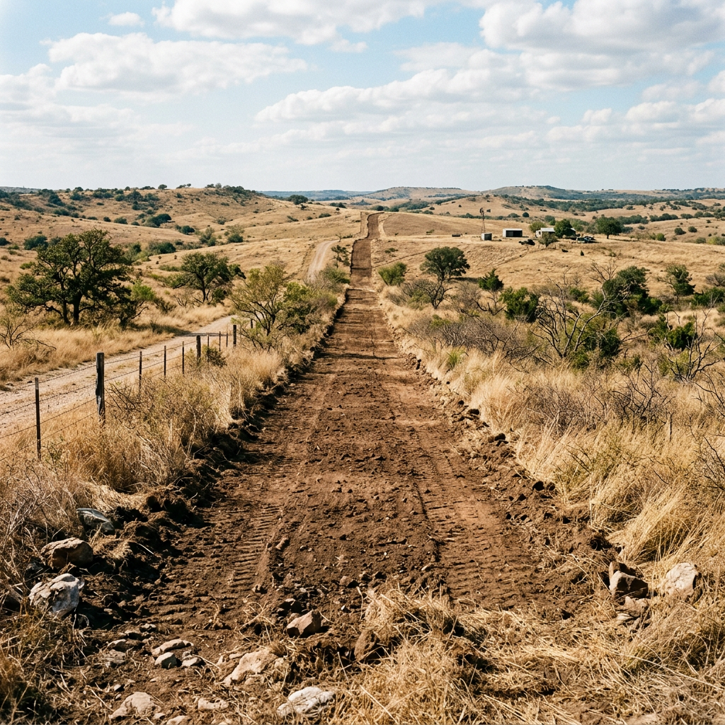 Dirt road extending through dry grassy hills with sparse trees and scattered buildings in the distance