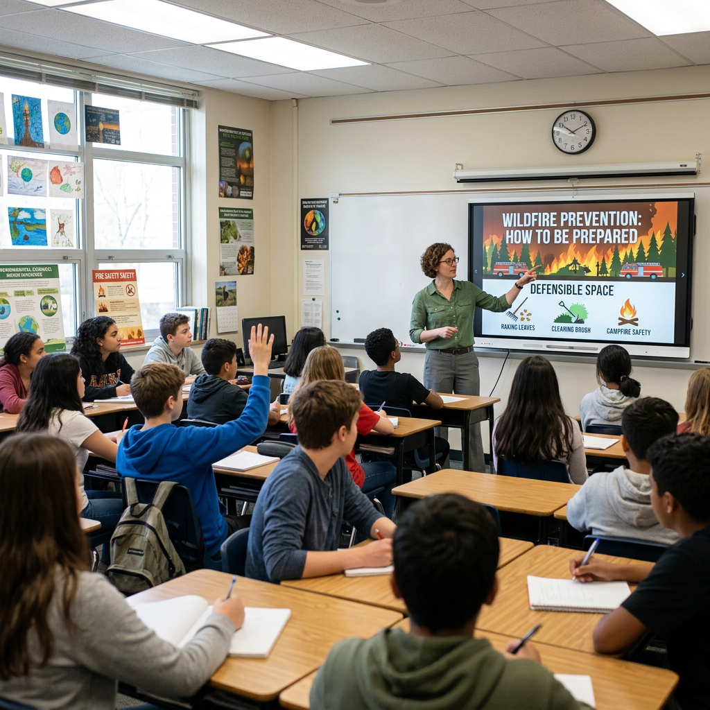 Teacher presenting wildfire prevention tips to middle school students